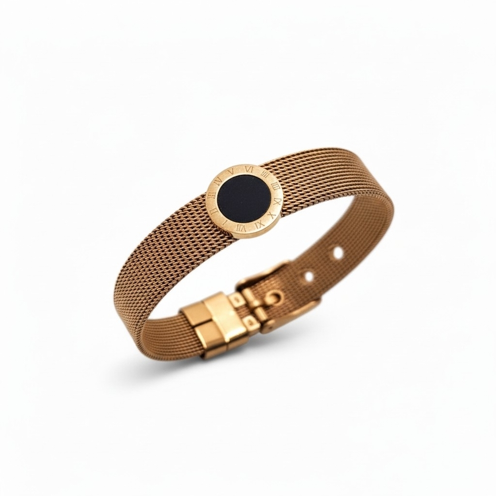 Rose Gold Stainless Steel Mesh Bracelet with Black Dial Accent